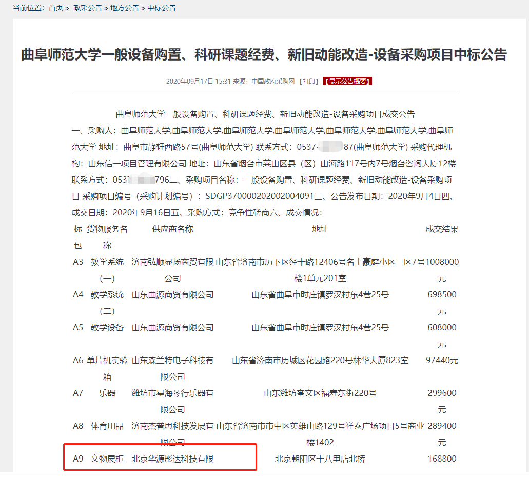 华源彤达中标山东曲阜师范大学文物展柜项目(图1) 华源彤达展柜